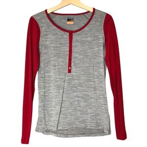 Medium Women's Icebreaker Henley Tee T-shirt Wool Bodyfit 200 Layer Grey Red